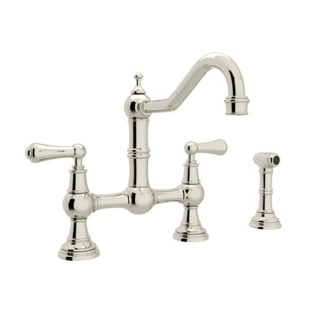 ROHL Edwardian Era Bridge Kitchen Faucet With Sidespray In Polished Nickel, Handle Type: Lever U.4756L-PN-2